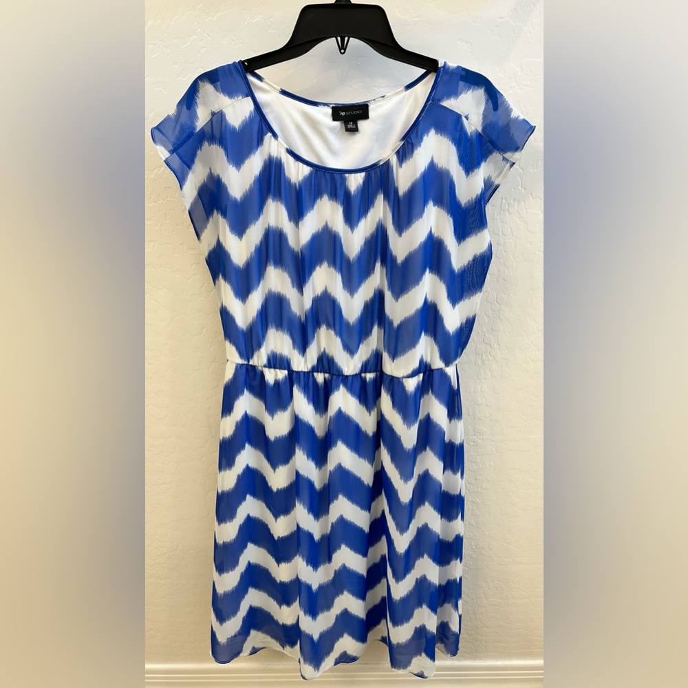 White and blue chevron sheer overlay dress